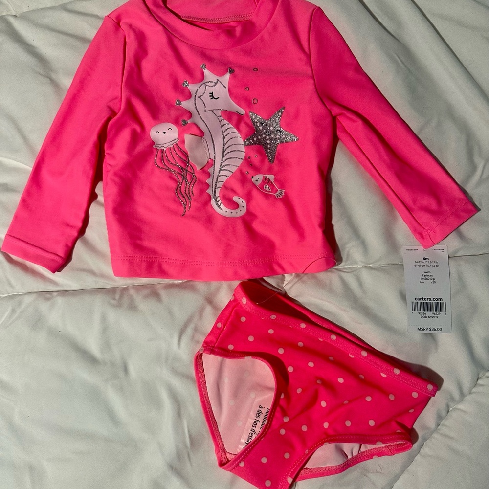 Carter's Pink Rashguard Swim Set with Seahorse Design